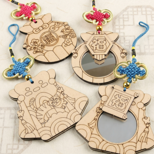 2세트 우드 문양 복주머니 나비 노리개 손거울