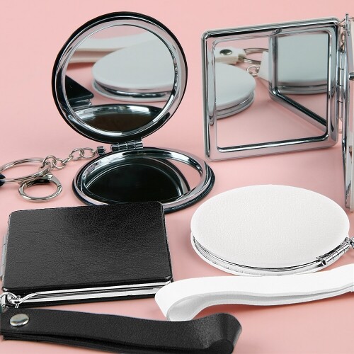 PU 휴대용 접이식 양면 사각 원형 손 거울 스트랩 1개입