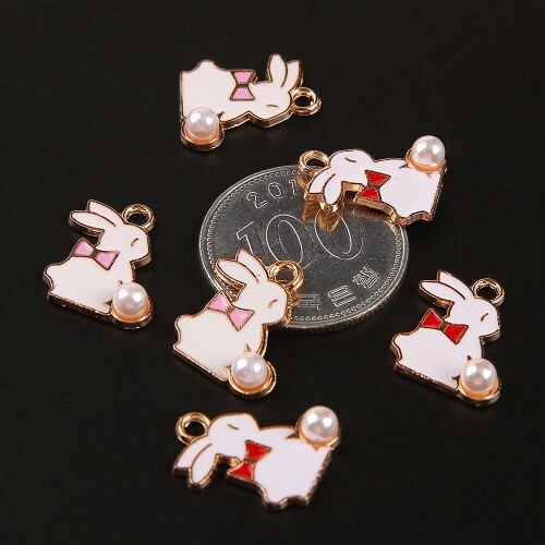 진주 리본 토끼 펜던트 참 장식 6개입