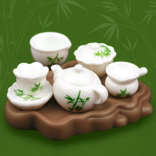 미니어처 대나무 백자 찻잔 주전자 트레이 세트