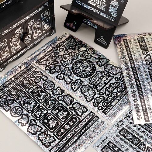 2장입 홀로그램 전통 나전 곤룡포 꽃 문양 자개 스티커